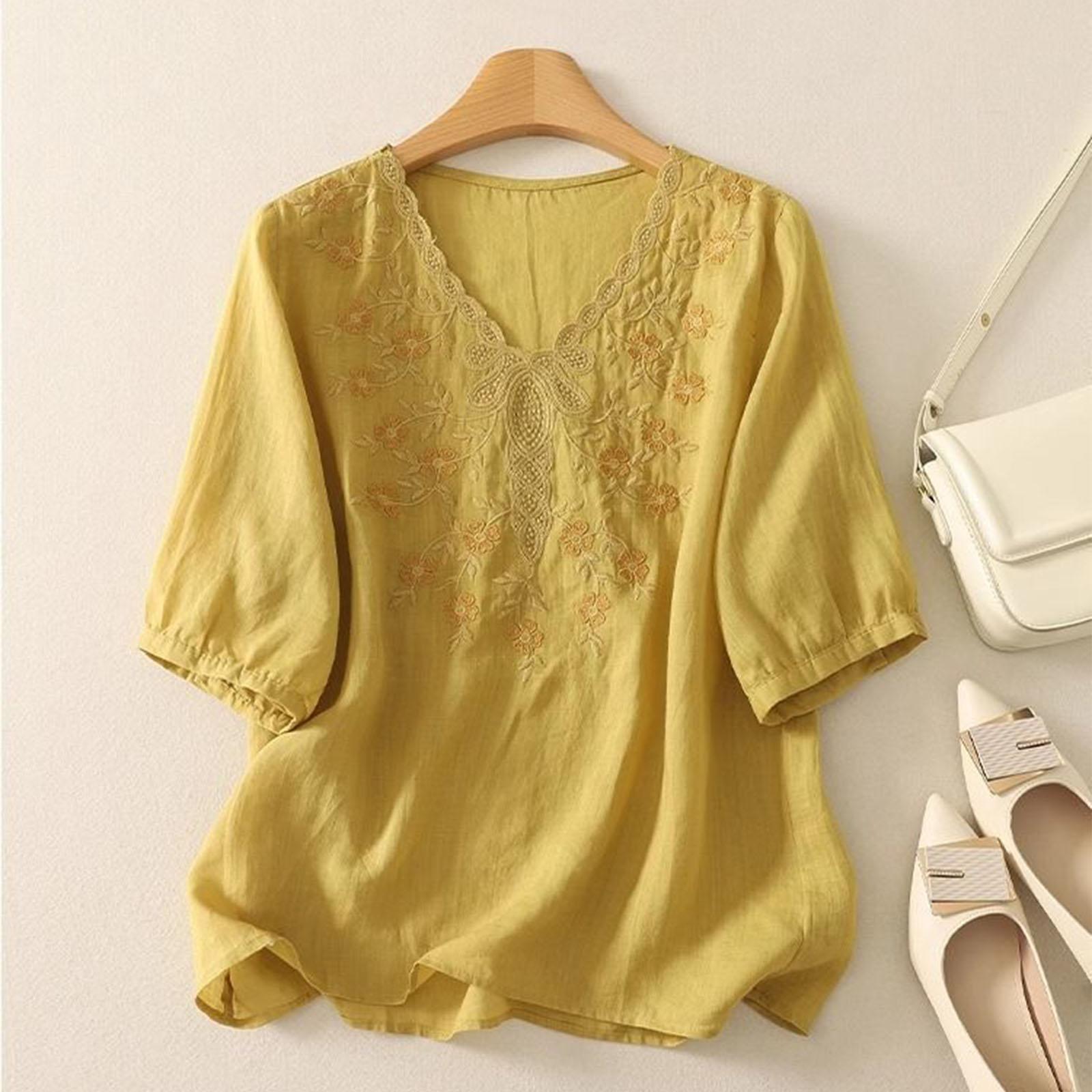 Women’s Loose Fit V Neck Blouse with Floral Embroidery and Lace Trim Half Sleeve Cotton Top for Casual Wear XL жовтий
Women’s Loose Fit V Neck Blouse with Floral Embroidery and Lace Trim Half Sleeve Cotton Top for Casual Wear XL жовтий