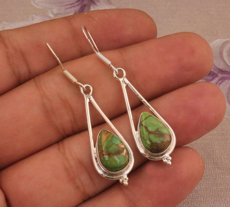 Solid 925 Sterling Silver Green Copper Turquoise Pear Gemstone Handmade Dangle Earrings Gift For Her
Solid 925 Sterling Silver Green Copper Turquoise Pear Gemstone Handmade Dangle Earrings Gift For Her