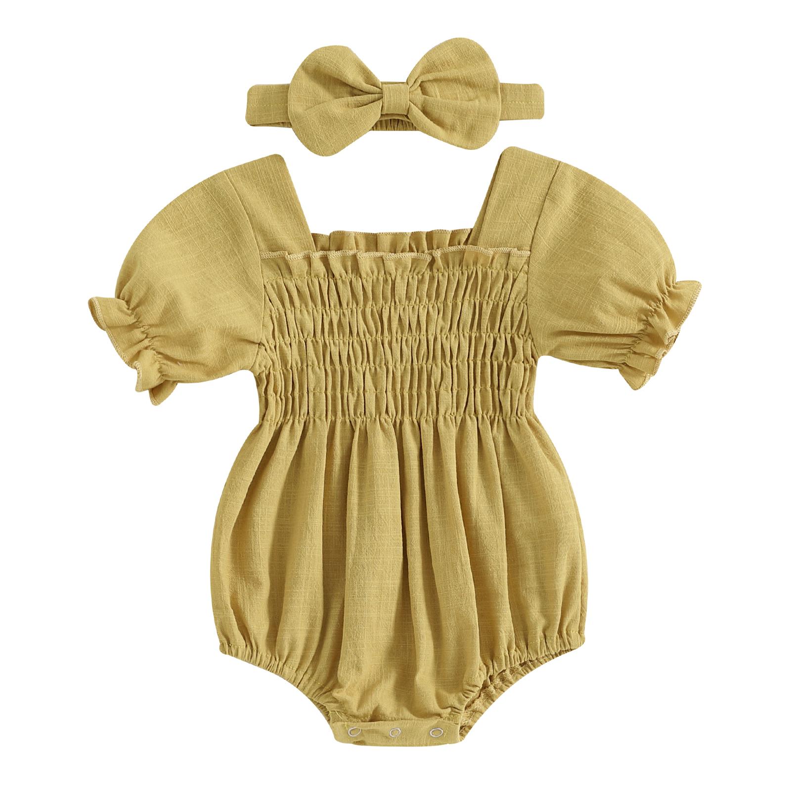 Летний комбинезон для младенцев и девочек, однотонный, с короткими рукавами, квадратным вырезом, присборенный, с бантом на голове 9-12 Months жёлтый
Летний комбинезон для младенцев и девочек, однотонный, с короткими рукавами, квадратным вырезом, присборенный, с бантом на голове 9-12 Months жёлтый