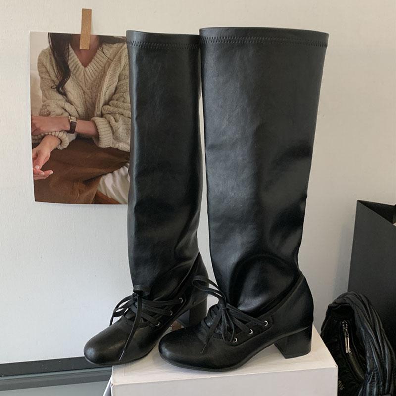 Мода Новая Осень Зима Женская Мода На Шнуровке Женские Сапоги до Колена на Квадратном Каблуке Обувь Женские Длинные Западные Сапоги Туфли 35 чёрный