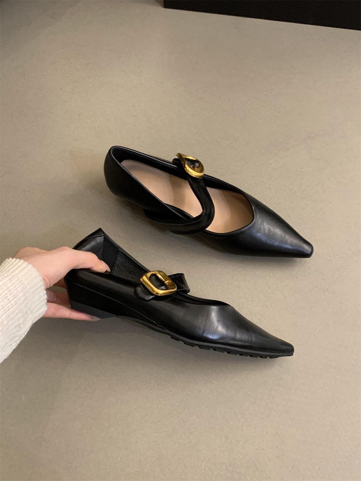 Туфли на скрытой платформе с острым носком и неглубоким вырезом, женские, новые весенне-осенние, корейская версия, французские, нежные, фея, вечерний бриз, толстый со 39 чёрный