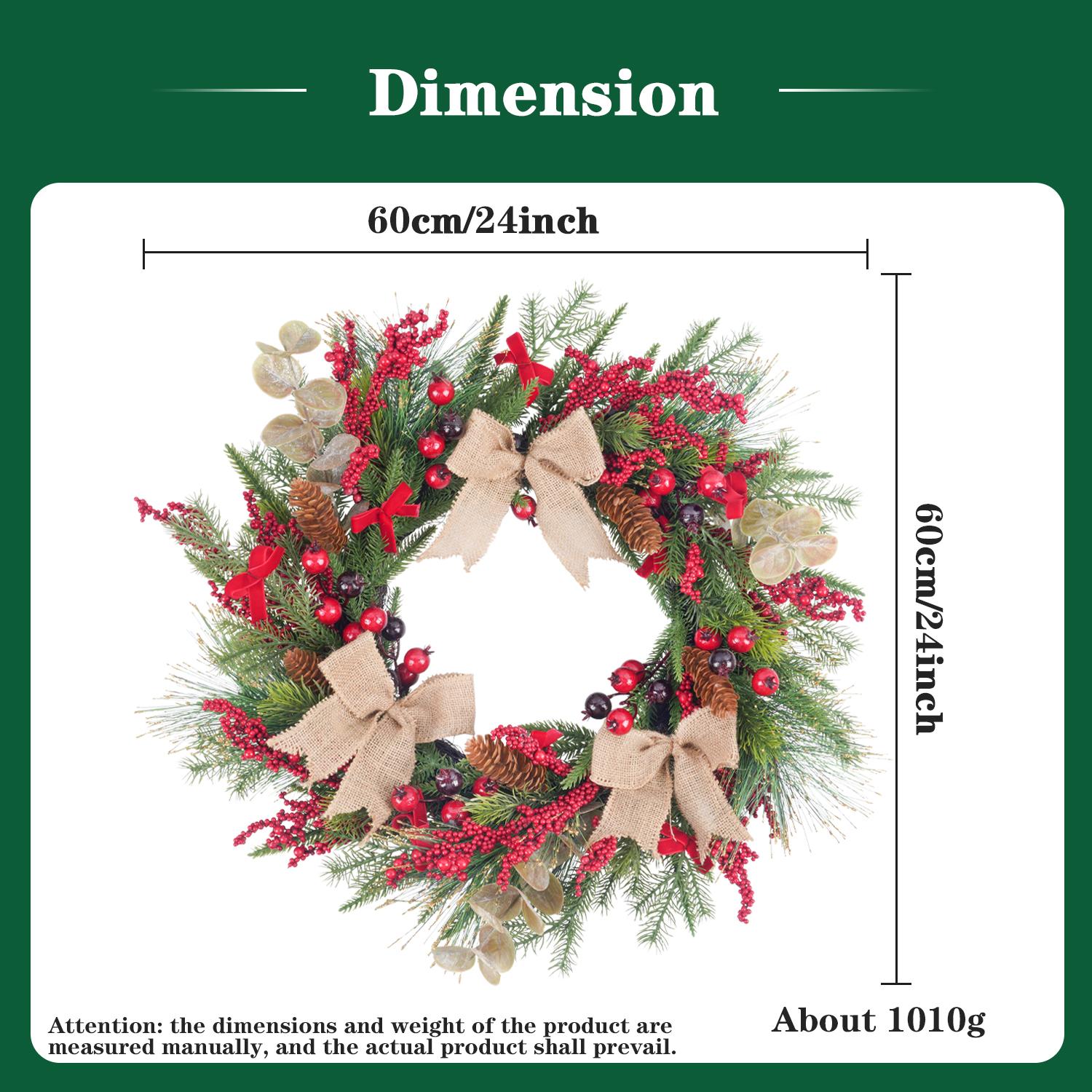 60cm/24in Christmas Wreath Decoration with Red Berry Ribbon Bow for Xmas New Year Home Fireplace Door Window Staircase Decor
60cm/24in Christmas Wreath Decoration with Red Berry Ribbon Bow for Xmas New Year Home Fireplace Door Window Staircase Decor