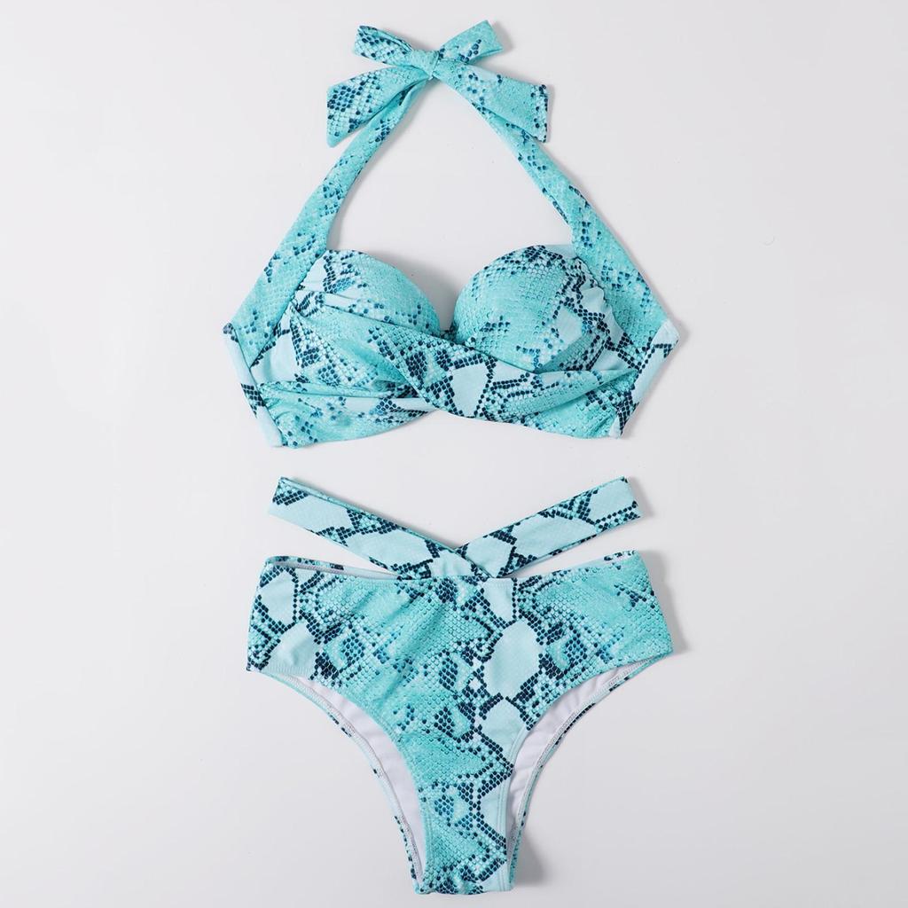 Buy Sexy Snake Skin Bikini Halter Ruched Wrap Front Cross High Waist