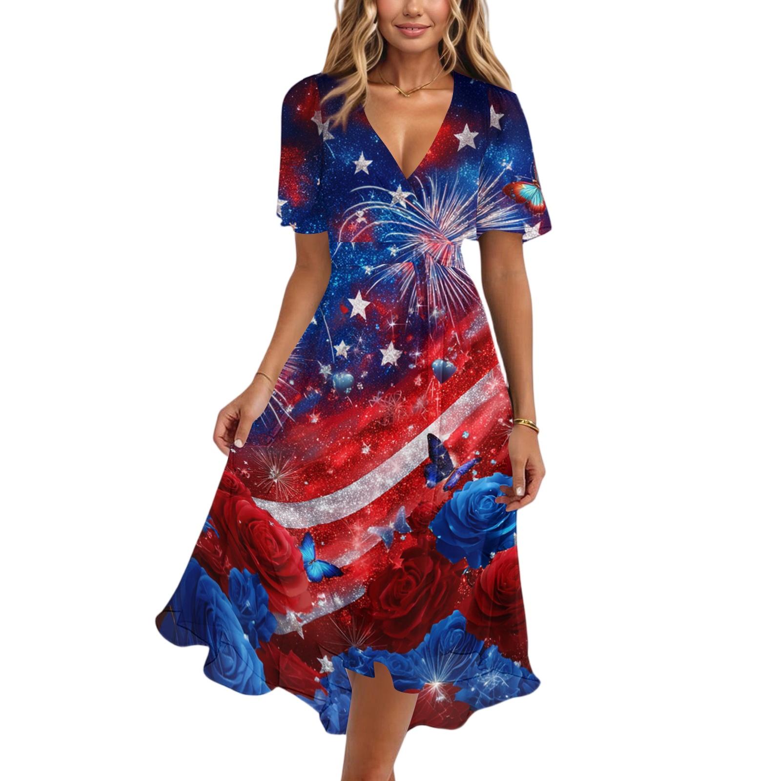 Women s Casual V Neck Short Sleeve Dress with Abstract Star and Stripe Print Midi Length Comfortable Fit for Everyday Wear L
Women s Casual V Neck Short Sleeve Dress with Abstract Star and Stripe Print Midi Length Comfortable Fit for Everyday Wear L