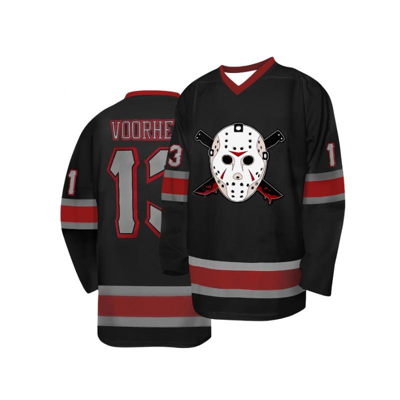 Horror-Themed Hockey Jersey - Black with Red & Gray Accents, Voorhees 13 Jason Mask & Crossed Knives Graphic Athletic Jersey S
Horror-Themed Hockey Jersey - Black with Red & Gray Accents, Voorhees 13 Jason Mask & Crossed Knives Graphic Athletic Jersey S