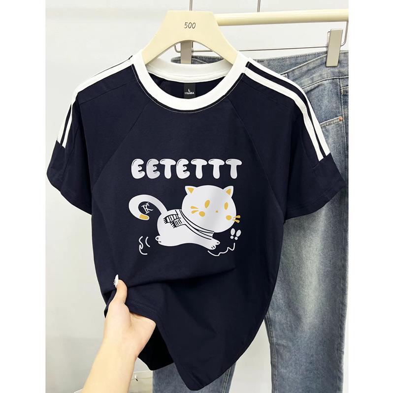 Women s Navy Blue Cotton Cartoon Print Short-Sleeve T-Shirt L 
Women s Navy Blue Cotton Cartoon Print Short-Sleeve T-Shirt L
