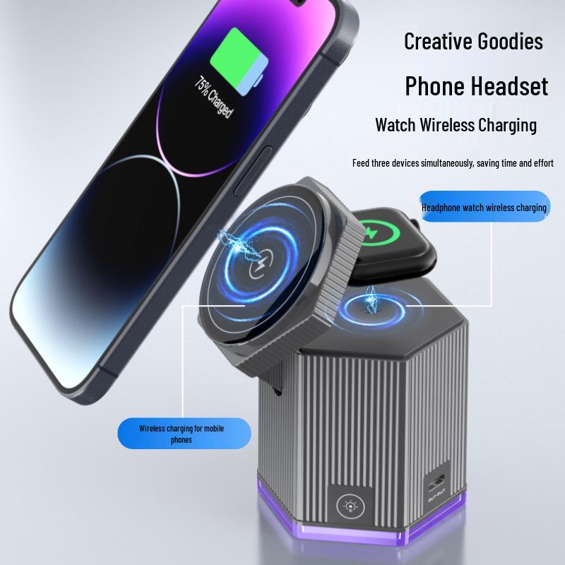 Rotating, foldable, magnetic 3-in-1 light with wireless fast charging for phones, watches, and earphones.
Rotating, foldable, magnetic 3-in-1 light with wireless fast charging for phones, watches, and earphones.