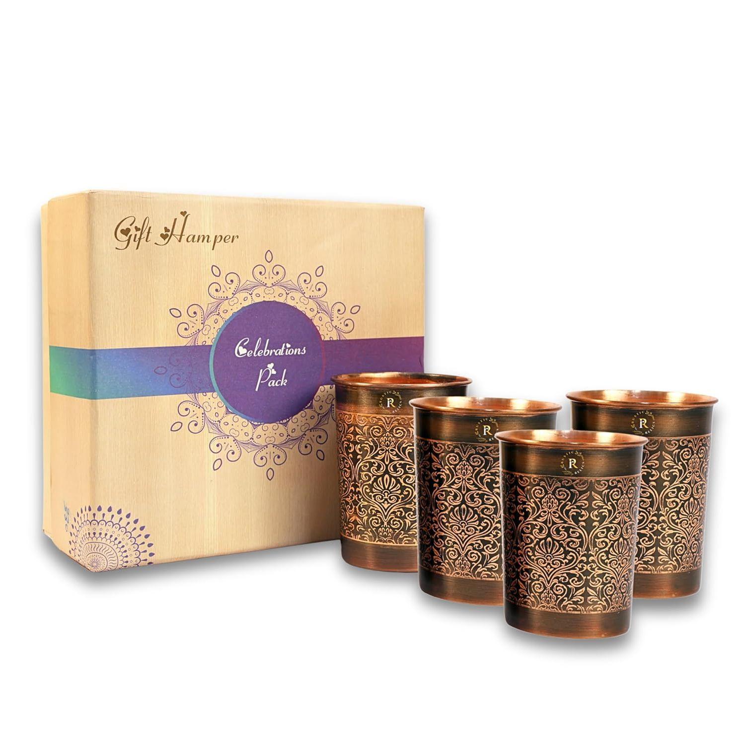 Pure Copper Handcrafted Glasses Set with Gift Box Set of 4 Antique Etching Design for Ayurveda Wellness | Elegant Ayurvedic Benefits
Pure Copper Handcrafted Glasses Set with Gift Box Set of 4 Antique Etching Design for Ayurveda Wellness | Elegant Ayurvedic Benefits
