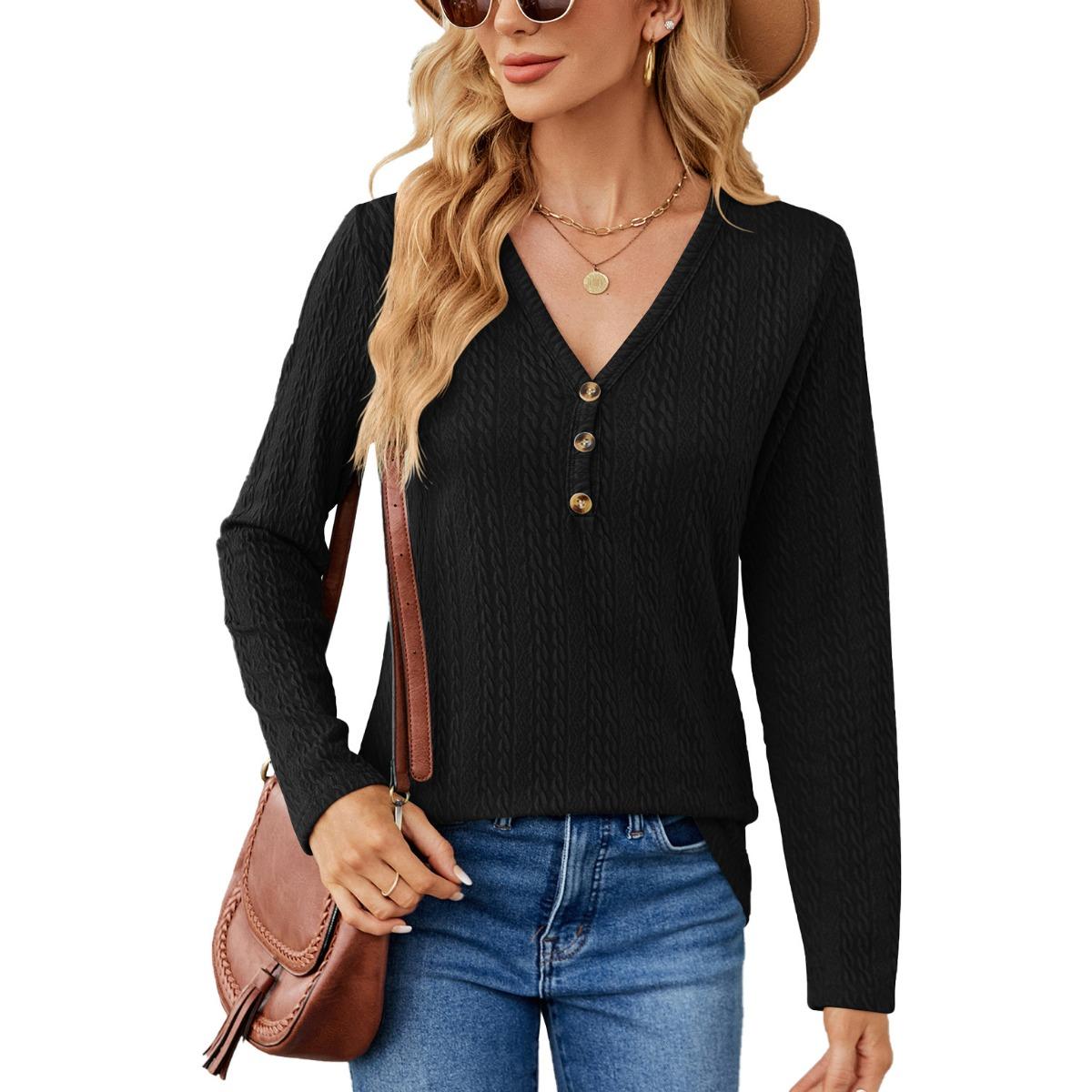 Women s Solid Color V-neck Buttoned Loose Long Sleeve T-shirt Top, Autumn Winter Casual Tops for European American Cross-border Trade S чёрный
Women s Solid Color V-neck Buttoned Loose Long Sleeve T-shirt Top, Autumn Winter Casual Tops for European American Cross-border Trade S чёрный