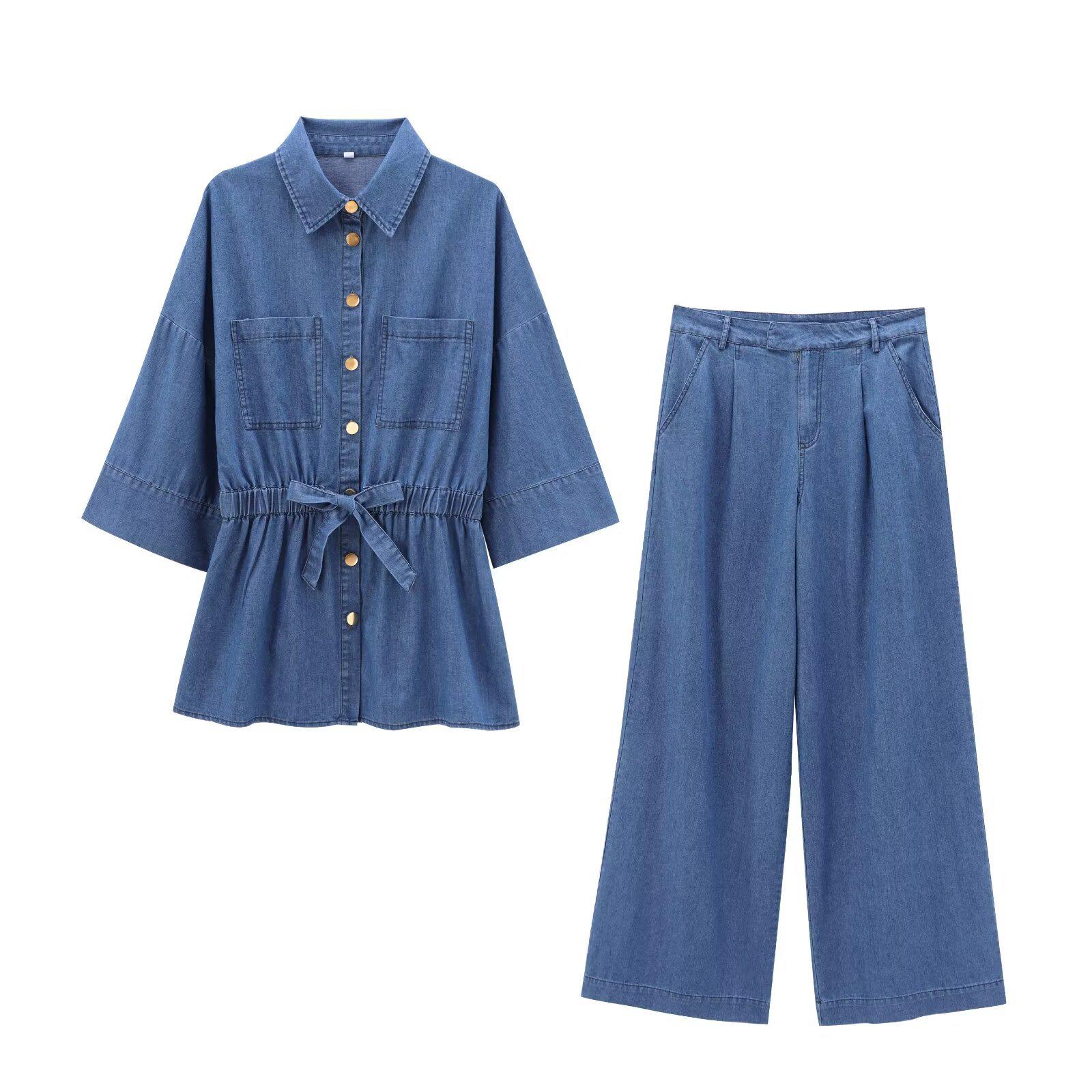 Women s Early Autumn Denim Set: Turn-Down Collar Tie-Waist Shirt & Draping Wide-Leg Pants XS
Women s Early Autumn Denim Set: Turn-Down Collar Tie-Waist Shirt & Draping Wide-Leg Pants XS