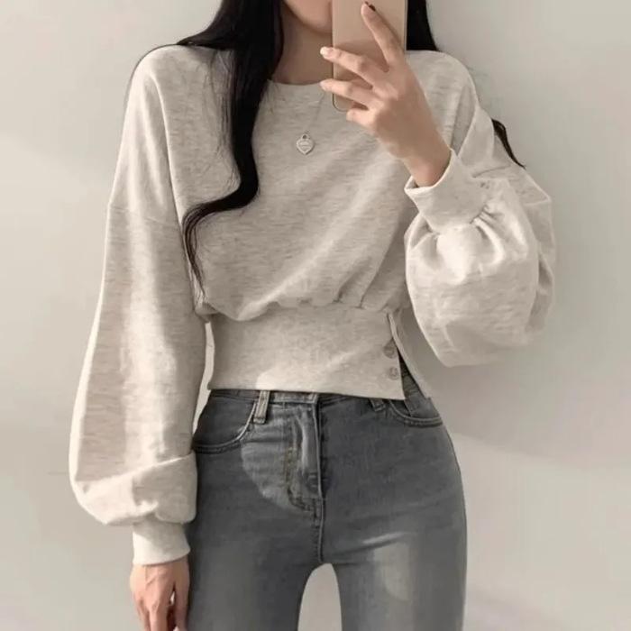 Korean autumn niche design crew neck buttoned long sleeve short pullover sweatshirt top for women One size fits all світло-сірого кольору
Korean autumn niche design crew neck buttoned long sleeve short pullover sweatshirt top for women One size fits all світло-сірого кольору