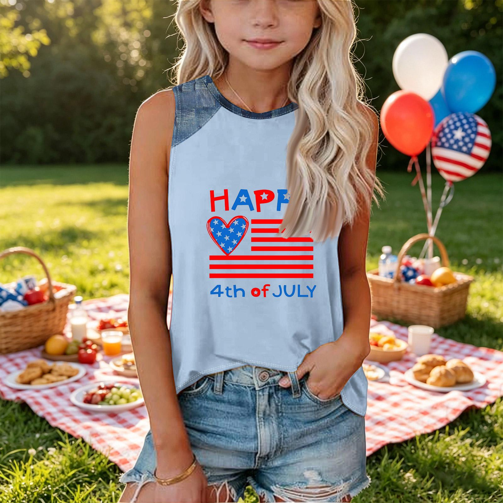 Girls Sleeveless Loose Fit Tank Top Independence Day Print Denim Patch Round Neck Tee Shirt for Summer Casual Wear 130
Girls Sleeveless Loose Fit Tank Top Independence Day Print Denim Patch Round Neck Tee Shirt for Summer Casual Wear 130