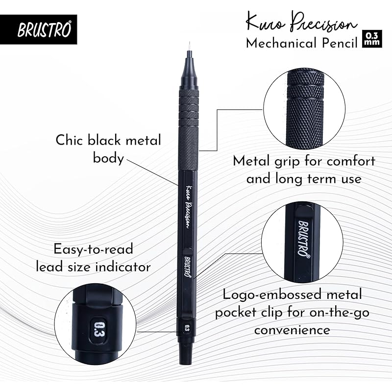 Brustro Kuro Precision Mechanical Pencil | Tip Size - 0.3Mm With 20 - Hb And 20-2B Leads, 3 Eraser Refills| Ideal For Wr 11 чёрный
Brustro Kuro Precision Mechanical Pencil | Tip Size - 0.3Mm With 20 - Hb And 20-2B Leads, 3 Eraser Refills| Ideal For Wr 11 чёрный