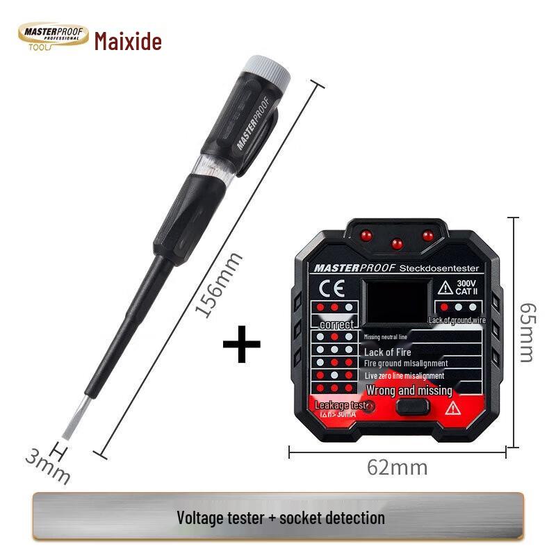 MASTERPROOF Electrician s Voltage Tester Pen & Socket Tester Kit CN plug (adapter included)
MASTERPROOF Electrician s Voltage Tester Pen & Socket Tester Kit CN plug (adapter included)