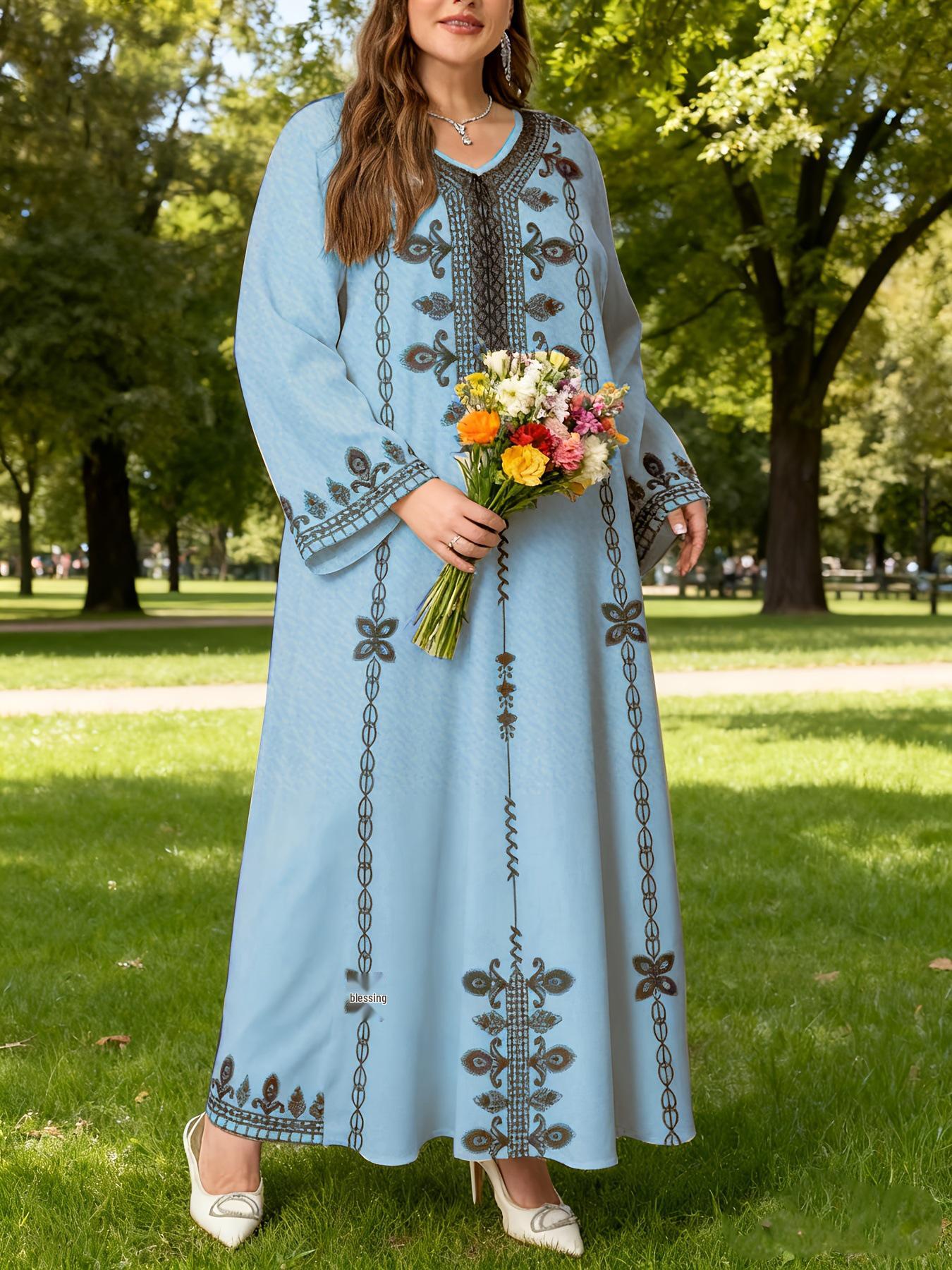 Plus Size V-neck Long Sleeve Ethnic Print Vacation Robe Dress 2XL синій
Plus Size V-neck Long Sleeve Ethnic Print Vacation Robe Dress 2XL синій