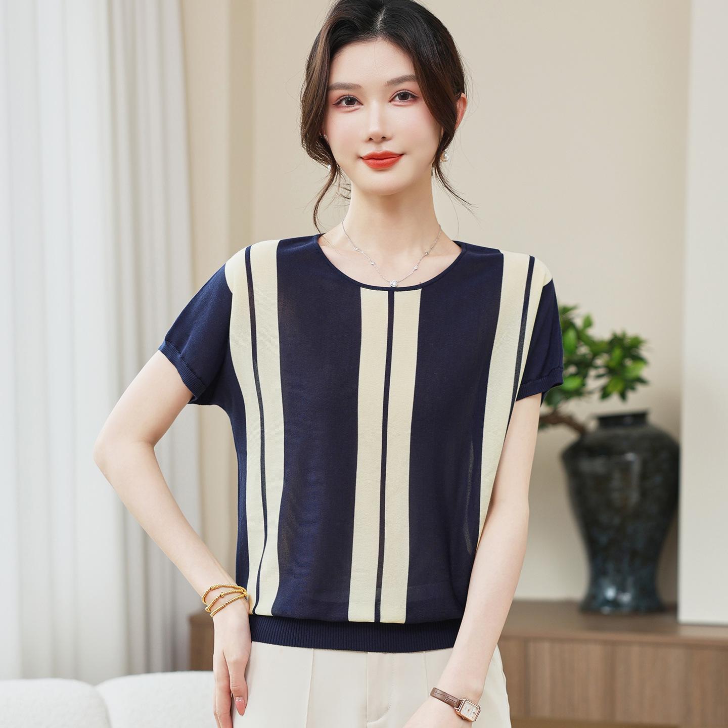 Women s Striped Knit Short Sleeve Round Neck Top - Stylish Versatile Ice Silk Summer 2026 Tee XL (Recommended 100-110 jin) темно-синього кольору
Women s Striped Knit Short Sleeve Round Neck Top - Stylish Versatile Ice Silk Summer 2026 Tee XL (Recommended 100-110 jin) темно-синього кольору