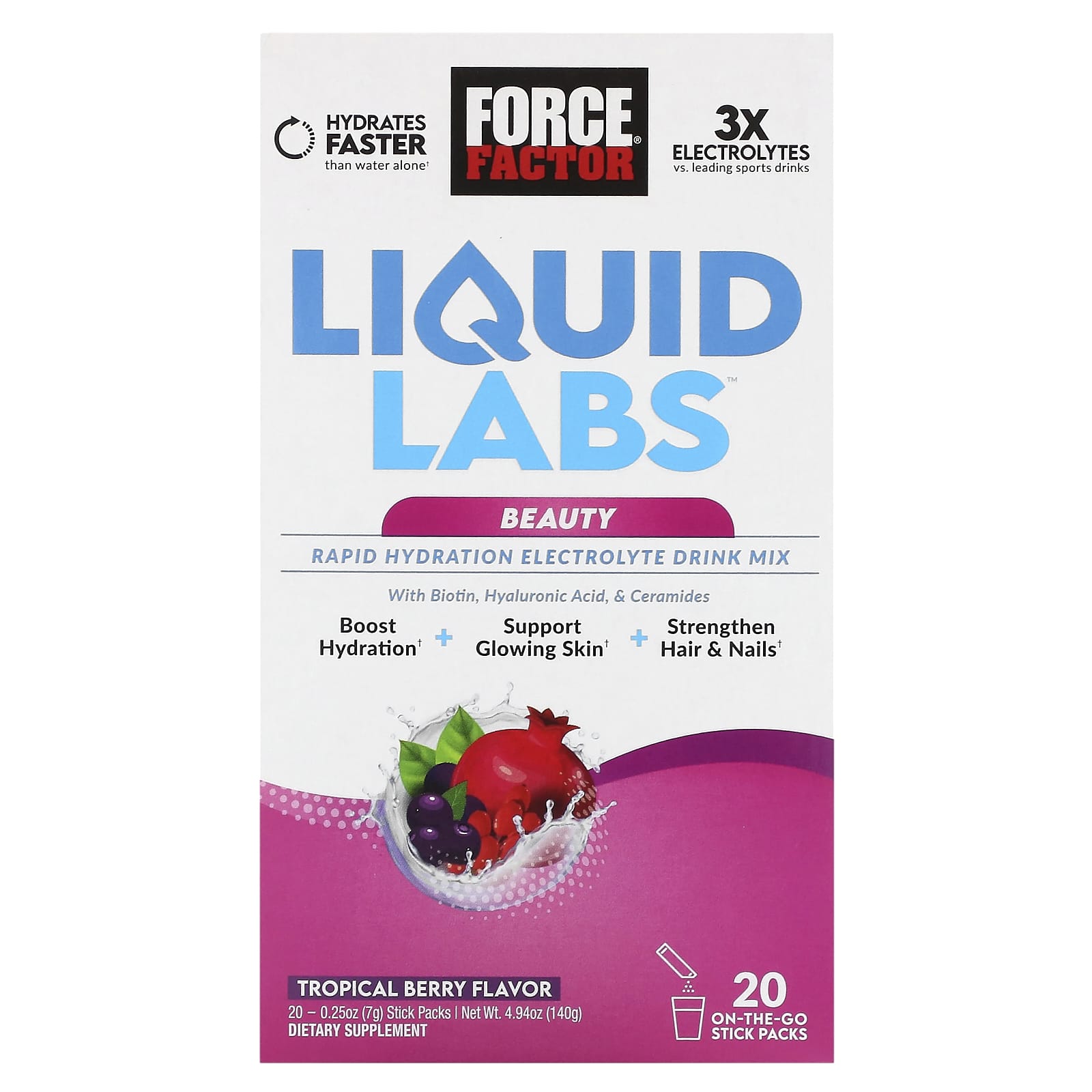 Force Factor, Liquid Labs Beauty, Rapid Hydration Electrolyte Drink Mix, Tropical Berry, 20 стіків, 0,25 унції (7 г) Кожен
Force Factor, Liquid Labs Beauty, Rapid Hydration Electrolyte Drink Mix, Tropical Berry, 20 стіків, 0,25 унції (7 г) Кожен