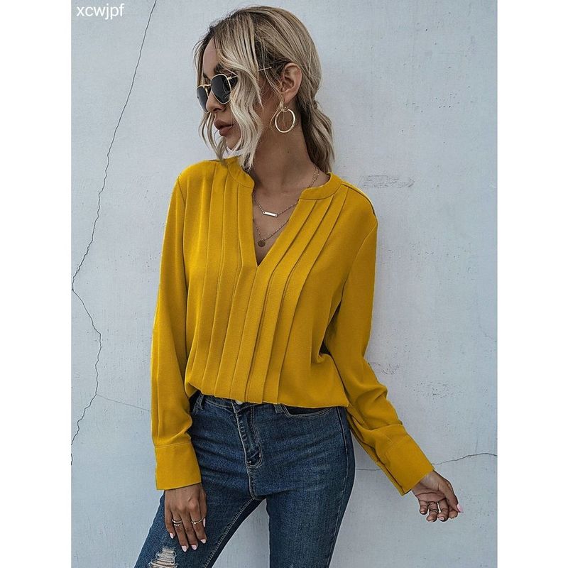 Stylish Versatile Punk Beach Fashion V Neck Long Sleeves Pleated Chiffon Temperament Commute Pure Color Pullover Shirt Yellow M
Stylish Versatile Punk Beach Fashion V Neck Long Sleeves Pleated Chiffon Temperament Commute Pure Color Pullover Shirt Yellow M