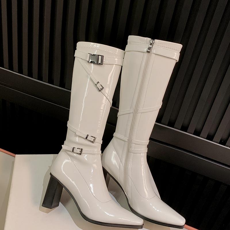 Мода Зимний Уличный Стиль Острый Носок Женские Сапоги по Колено Пряжка на Ремне Молния Высокий Каблук Длинные Ботильоны Обувь 40 бежевый