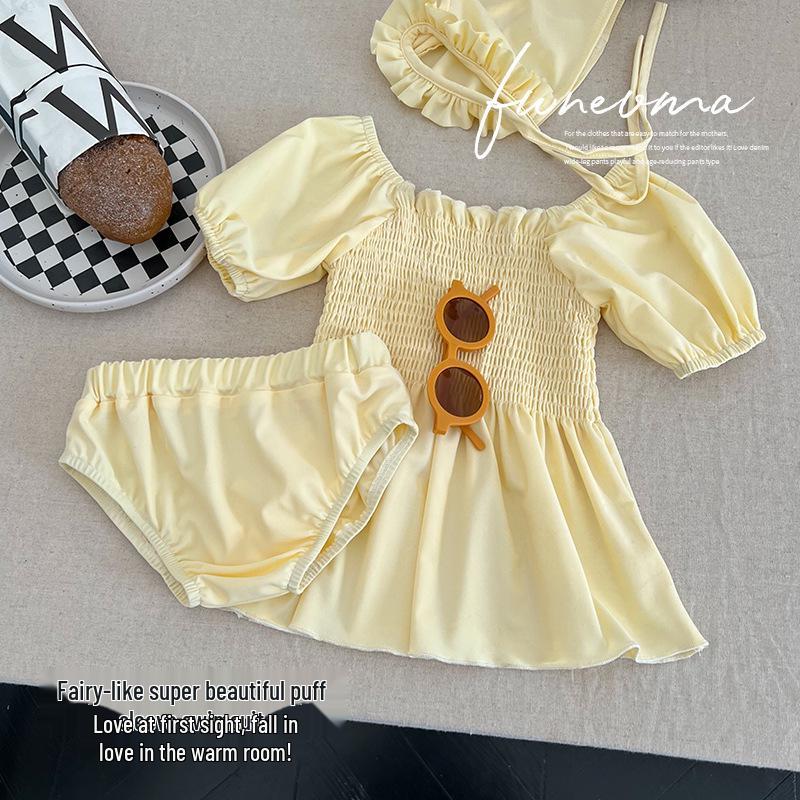 Корейский слитный купальник с рукавами-буфами и шапочка для плавания для девочек - Летняя коллекция 2025 100cm