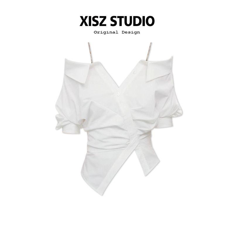 White Off-The-Shoulder V-Neck Irregular Deconstructed Shirt for Women, Summer Style with Chain, Elegant Short Mid-Sleeve Top White S
White Off-The-Shoulder V-Neck Irregular Deconstructed Shirt for Women, Summer Style with Chain, Elegant Short Mid-Sleeve Top White S