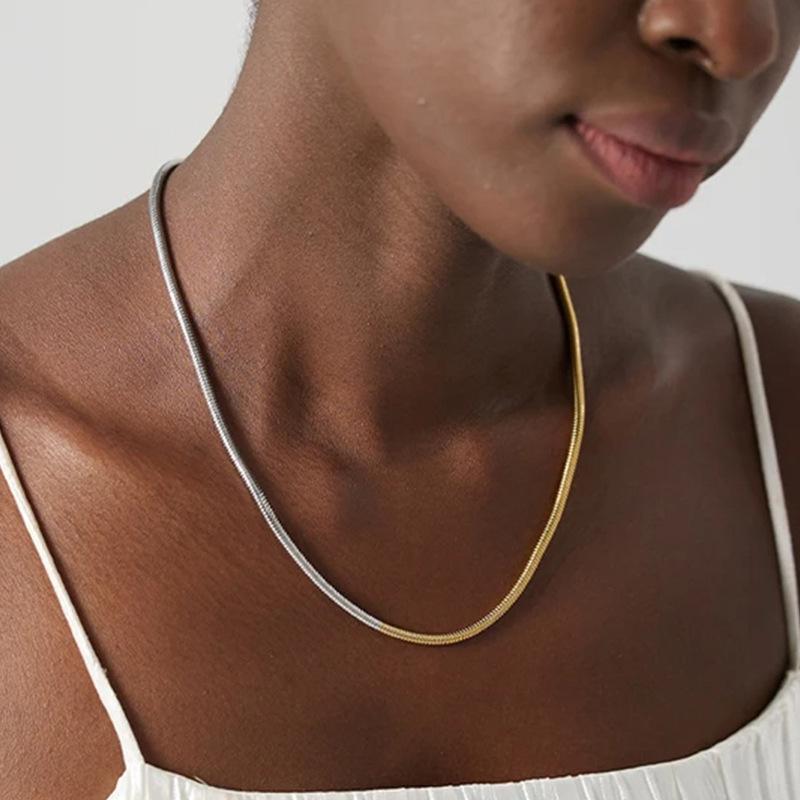 Two-Tone Electroplated Titanium Steel Snake Bone Minimalist Choker Necklace: Versatile, Textured Clavicle Chain for European & American Styles.
Two-Tone Electroplated Titanium Steel Snake Bone Minimalist Choker Necklace: Versatile, Textured Clavicle Chain for European & American Styles.