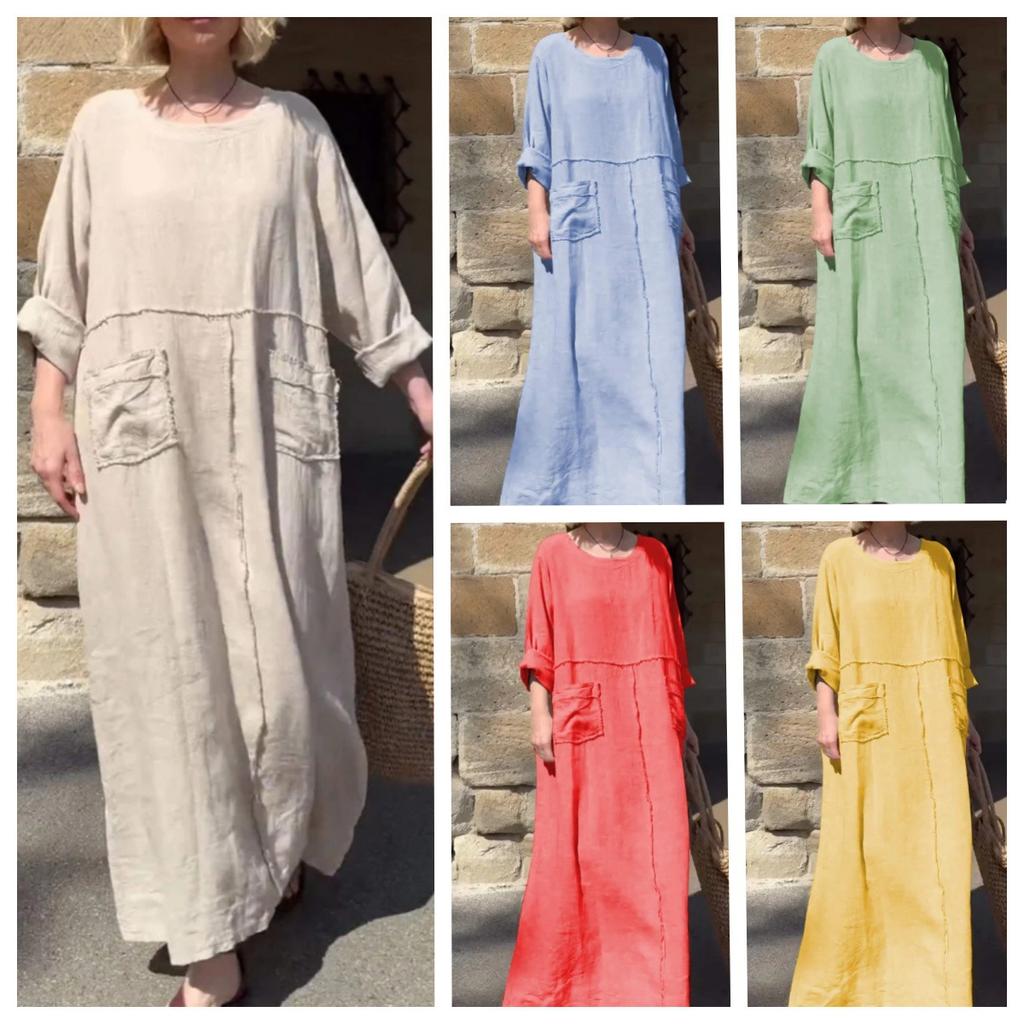 Women s Solid Color Casual Dress with Long Sleeves and Round Neck Pleated with Double Side Pockets Long Loose Dress S
Women s Solid Color Casual Dress with Long Sleeves and Round Neck Pleated with Double Side Pockets Long Loose Dress S
