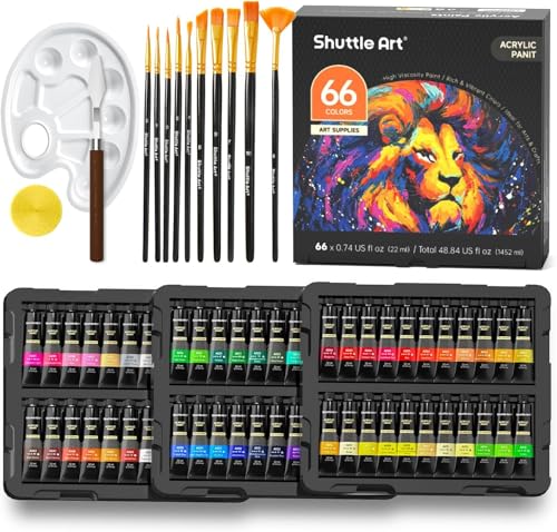 Shuttle Art Acrylic Paint Set (82 pieces): 66 tubes, 10 paintbrushes, and palette. Fast-drying, durable, 22ml tubes. Suitable for painting on fabric,
Shuttle Art Acrylic Paint Set (82 pieces): 66 tubes, 10 paintbrushes, and palette. Fast-drying, durable, 22ml tubes. Suitable for painting on fabric,