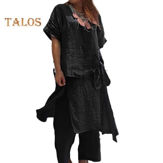 Женский комплект из хлопка и льна, состоящий из двух предметов: короткий рукав, круглый вырез, завязка по бокам, верх и широкие брюки, повседневный комплект для отдыха XXL чёрный
Женский комплект из хлопка и льна, состоящий из двух предметов: короткий рукав, круглый вырез, завязка по бокам, верх и широкие брюки, повседневный комплект для отдыха XXL чёрный