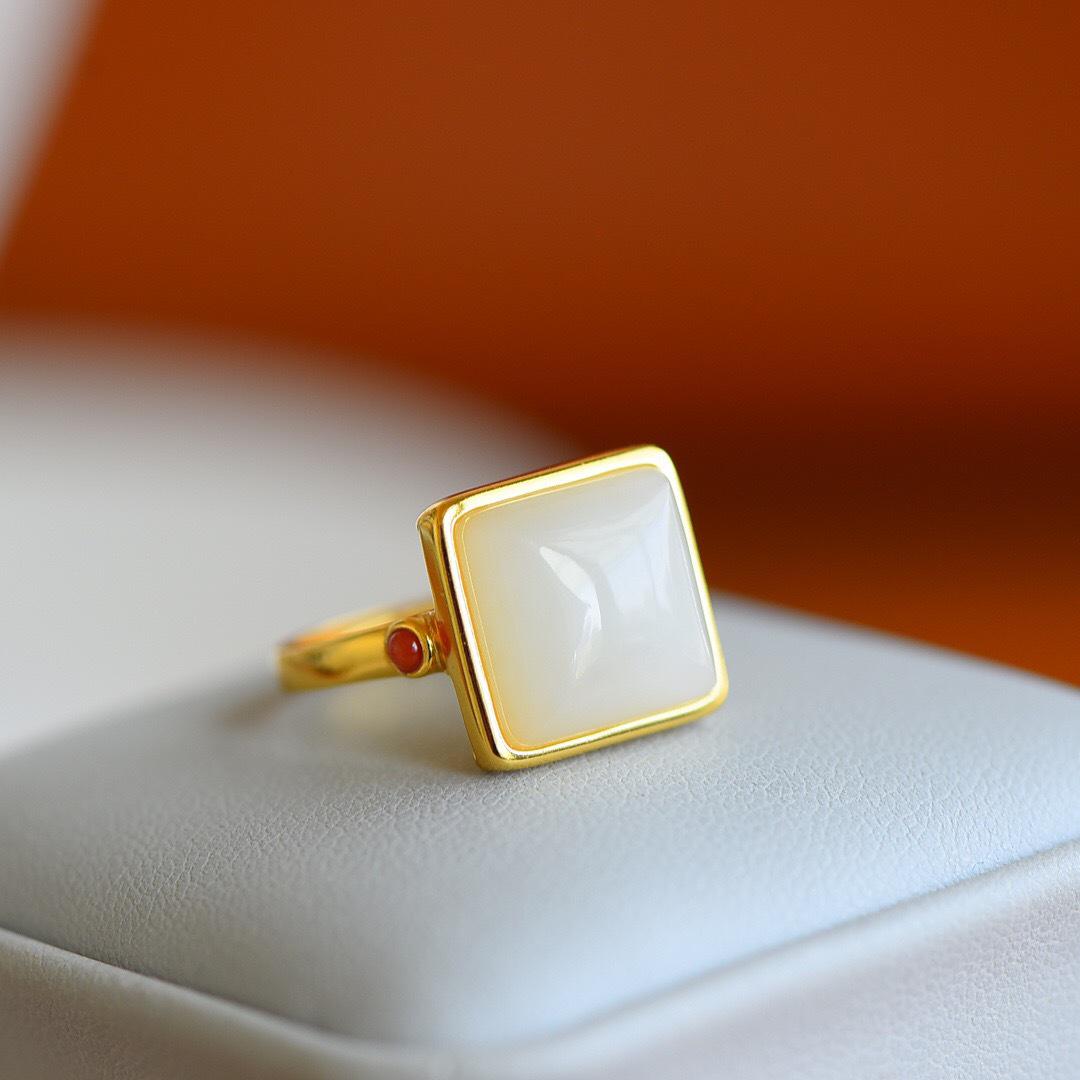 Gilded Square Ring with Natural Imitation Hetian Jade - Vintage Chinese Style Finger Jewelry for Women Adjustable Open Size
Gilded Square Ring with Natural Imitation Hetian Jade - Vintage Chinese Style Finger Jewelry for Women Adjustable Open Size