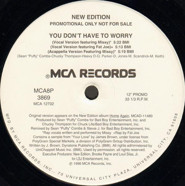 12inch Record NEW EDITION - You Don t Have To Worry MCA8P3869 MCA Records 1996 US Soul/Funk Used
12inch Record NEW EDITION - You Don t Have To Worry MCA8P3869 MCA Records 1996 US Soul/Funk Used