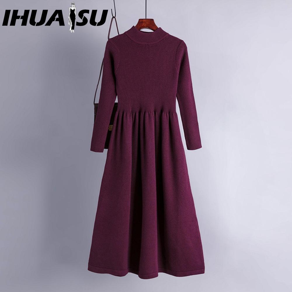 IHUASU Женская мода Весна Осень Однотонный принт Длинный рукав Высокая талия Повседневные платья one size фиолетовый