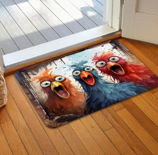 Two Symmetrical Chicken Heads with Black Letters Che for Chien Shit in The Paw Retro Woodcut Style Doormat Holiday Decoration 40cm x 60cm
Two Symmetrical Chicken Heads with Black Letters Che for Chien Shit in The Paw Retro Woodcut Style Doormat Holiday Decoration 40cm x 60cm