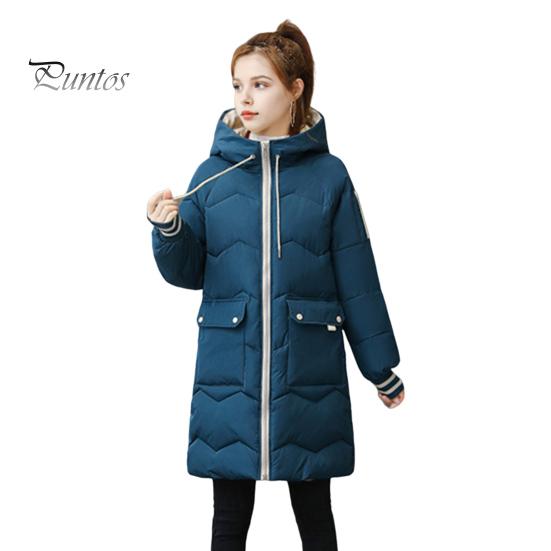 Зимнее пуховое пальто Утолщенный с капюшоном Защита шеи Карманы Застежка-молния Затягивающийся шнурок Ветрозащитный Сохранение тепла Повседневная верхняя одежда для холодной погоды Хлопок S синий