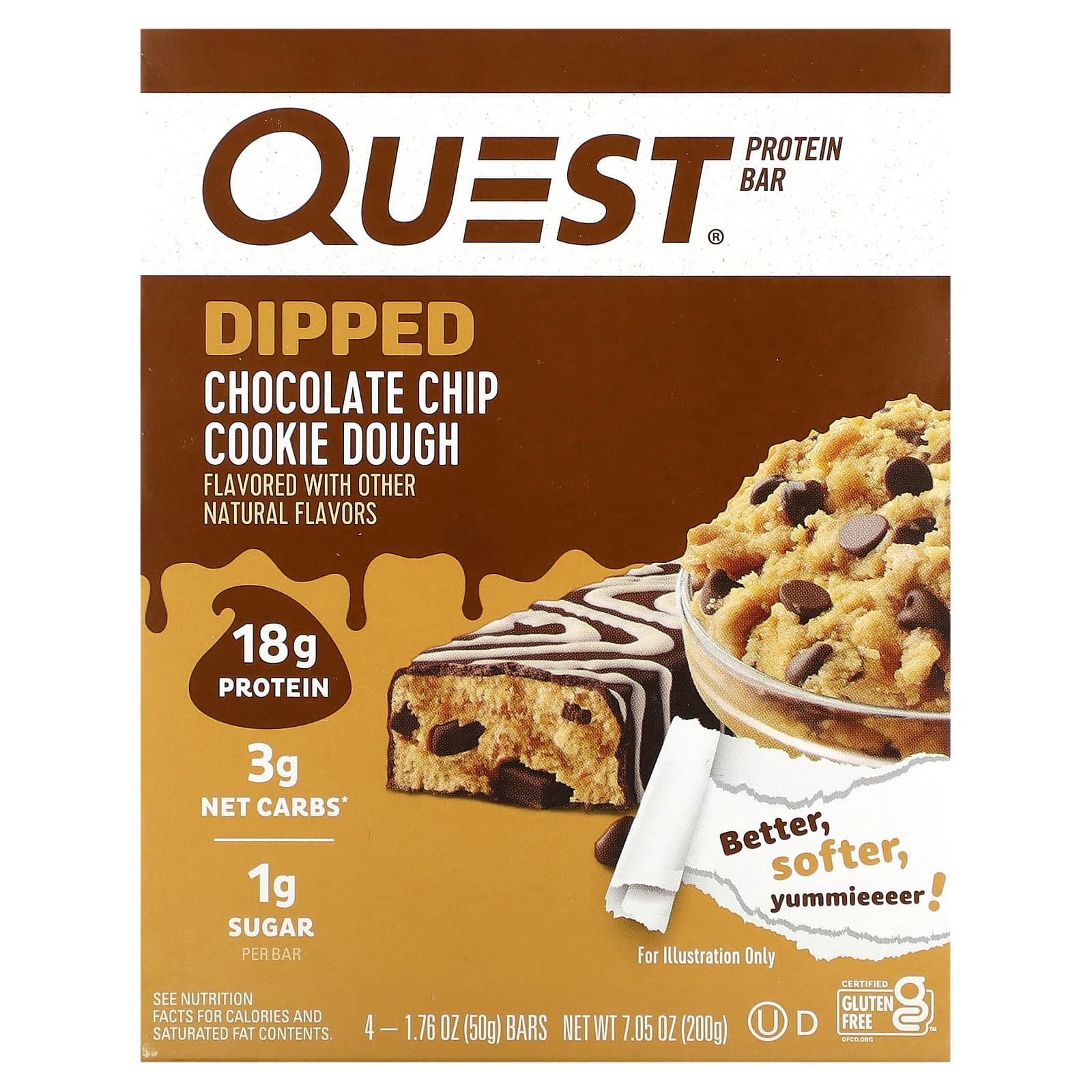Quest Nutrition, Протеїновий батончик, Глазуроване тісто для печива з шоколадною крихтою, 4 батончики, 1,76 унції (50 г) Кожен
Quest Nutrition, Протеїновий батончик, Глазуроване тісто для печива з шоколадною крихтою, 4 батончики, 1,76 унції (50 г) Кожен