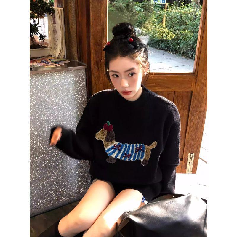Trendy Sausage Dog Embroider Black Sweater Female Soft Glutinous Lazy Fancy Autumn and Winter round Neck Pullover Knitwear Tops Black M
Trendy Sausage Dog Embroider Black Sweater Female Soft Glutinous Lazy Fancy Autumn and Winter round Neck Pullover Knitwear Tops Black M