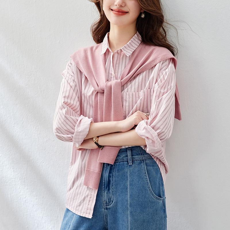 Knitted Shawl Striped Shirt for Women Long-sleeved Spring Clothes New Fashionable Top Pink Lapel Shirt One size
Knitted Shawl Striped Shirt for Women Long-sleeved Spring Clothes New Fashionable Top Pink Lapel Shirt One size