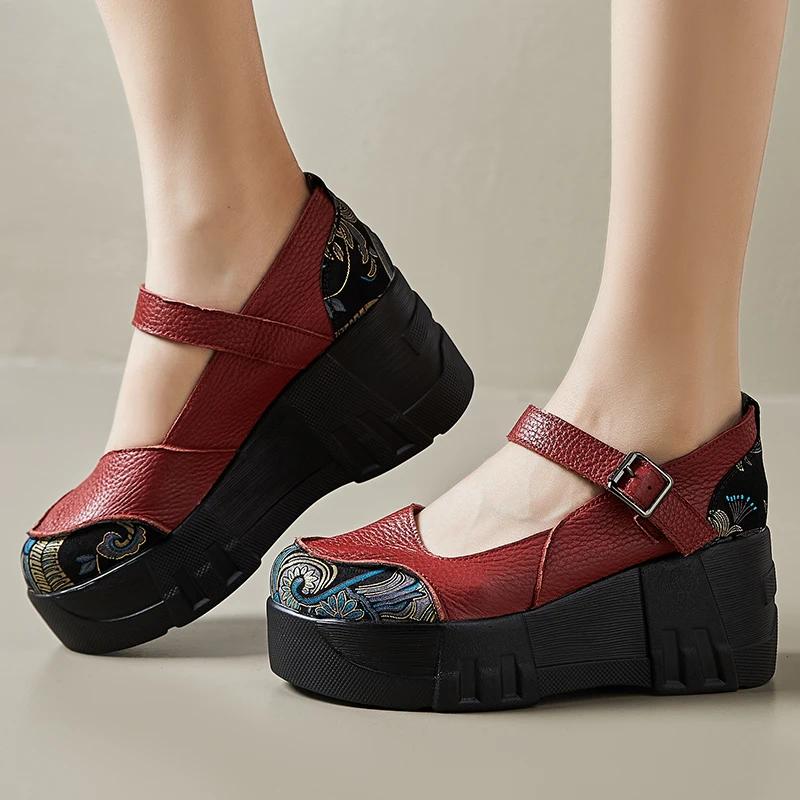 Fujin, женская обувь на танкетке на плоской подошве с круглым носком, 7 см, весенняя женская обувь на крючках, натуральная кожа в этническом стиле, свиная кожа, женская обувь Мэри Джейн, осень-лето 40 красный