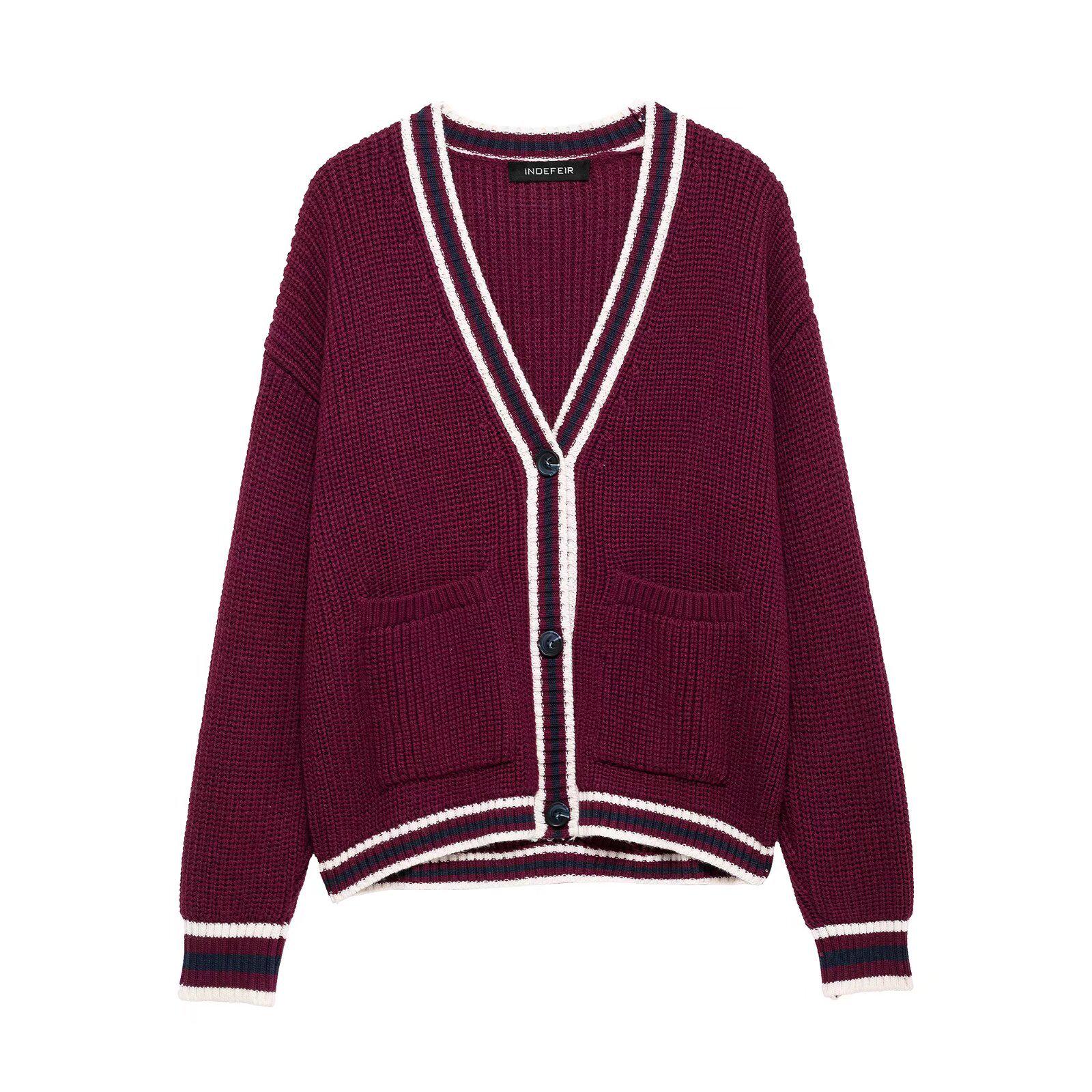 2025 Spring V-Neck Dark Red Color Block Stripe Knit Cardigan - European & American Style Medium
2025 Spring V-Neck Dark Red Color Block Stripe Knit Cardigan - European & American Style Medium