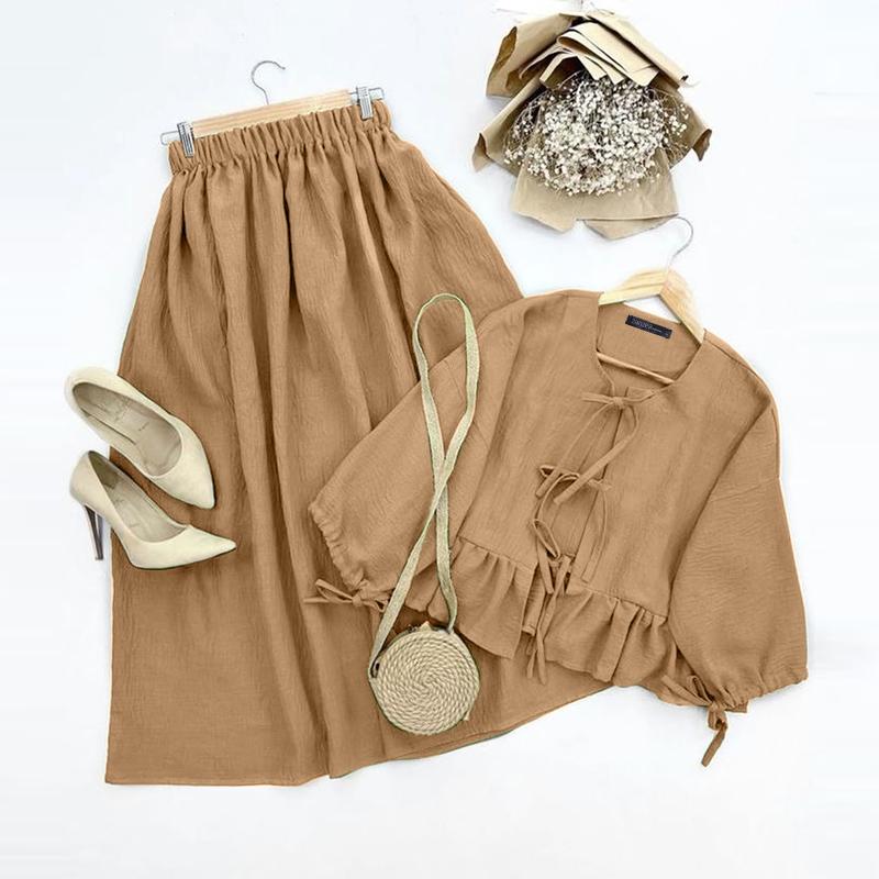 ZANZEA Женские летние комплекты с круглым вырезом, длинным рукавом, завязкой, блузкой и юбкой А-силуэта 3XL
ZANZEA Женские летние комплекты с круглым вырезом, длинным рукавом, завязкой, блузкой и юбкой А-силуэта 3XL