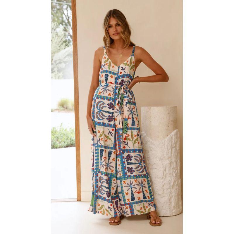 European and American Summer New Print V-neck Loose Belt Waist Hugging Casual Sling Jumpsuit Square flower S
European and American Summer New Print V-neck Loose Belt Waist Hugging Casual Sling Jumpsuit Square flower S