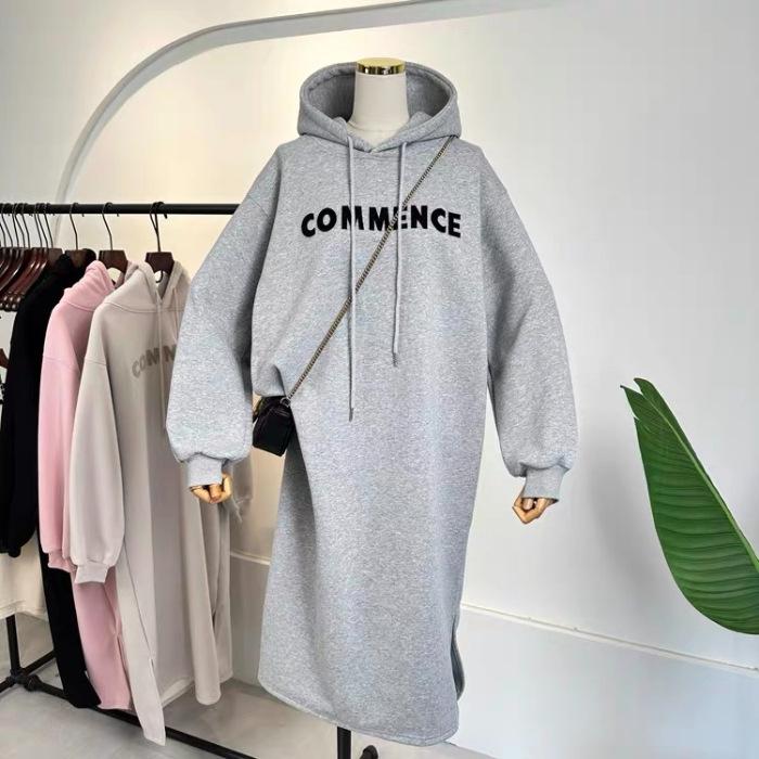 YYFS Женская мода Осень Зима Длинный рукав С капюшоном Свободная талия Повседневные платья Size: One Size серый
