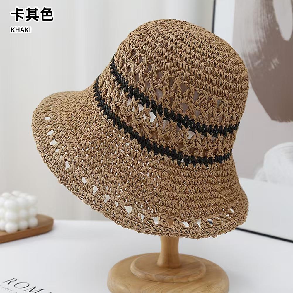 Весенне-летняя модная полосатая универсальная дышащая соломенная шляпа-ведро женская для отдыха на море, солнцезащитная пляжная соломенная шляпа L(58-60cm) хаки