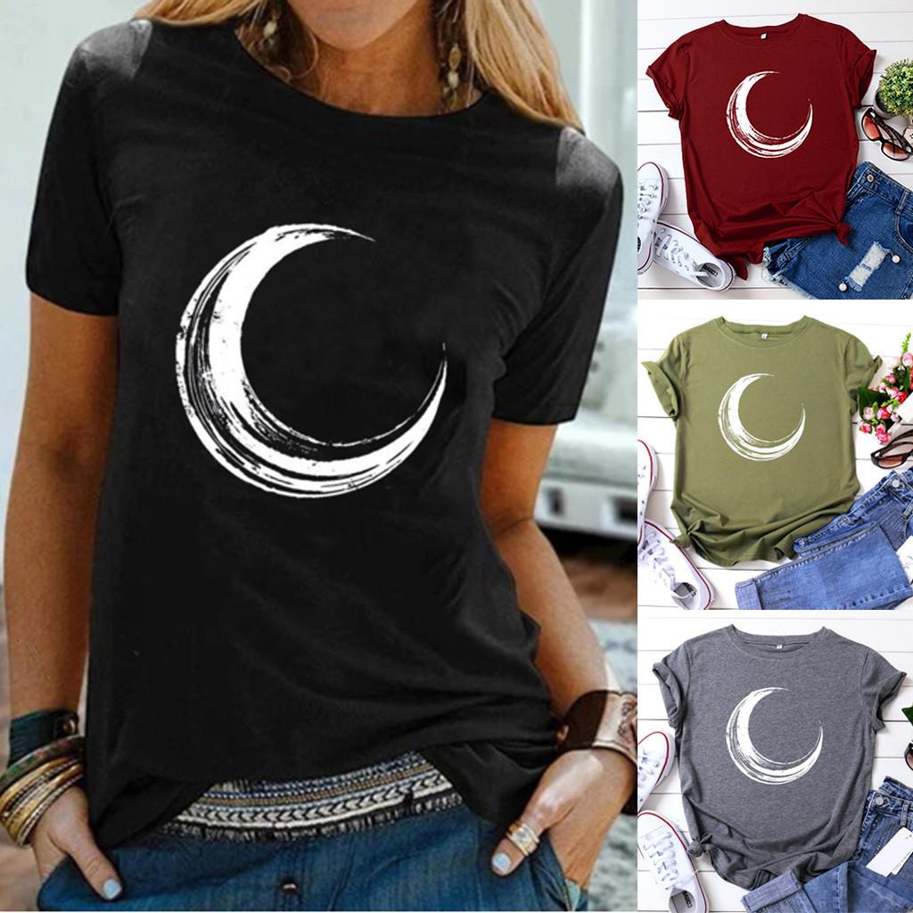 Женская повседневная футболка с коротким рукавом и блузкой с лунным принтом, топы 
Женская повседневная футболка с коротким рукавом и блузкой с лунным принтом, топы