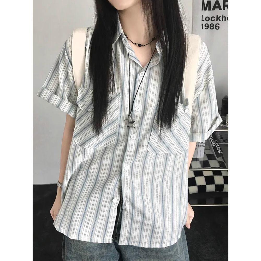 Color Blocking Striped Shirt for Women Chic Double Pocket Short Sleeved Blouse Retro Simple Fashionable Ladies Clothing XXL
Color Blocking Striped Shirt for Women Chic Double Pocket Short Sleeved Blouse Retro Simple Fashionable Ladies Clothing XXL
