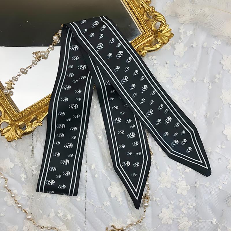 115см Завязанная ручка сумки шелковый платок маленькая лента твиловый шелк череп черно-белый корейская версия все сочетается полосатый маленький шелковый платок 115cmX5cm чёрный