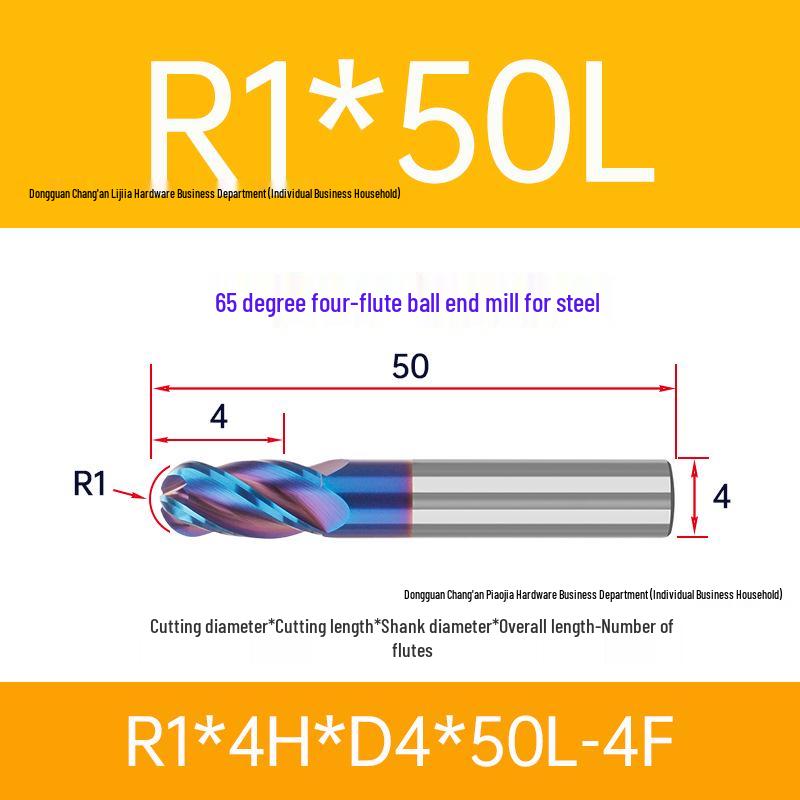 65° Hardness Nano Blue Coated Tungsten Steel Ball Nose End Mill, 4-Flute, CNC Alloy, Extended Use
65° Hardness Nano Blue Coated Tungsten Steel Ball Nose End Mill, 4-Flute, CNC Alloy, Extended Use