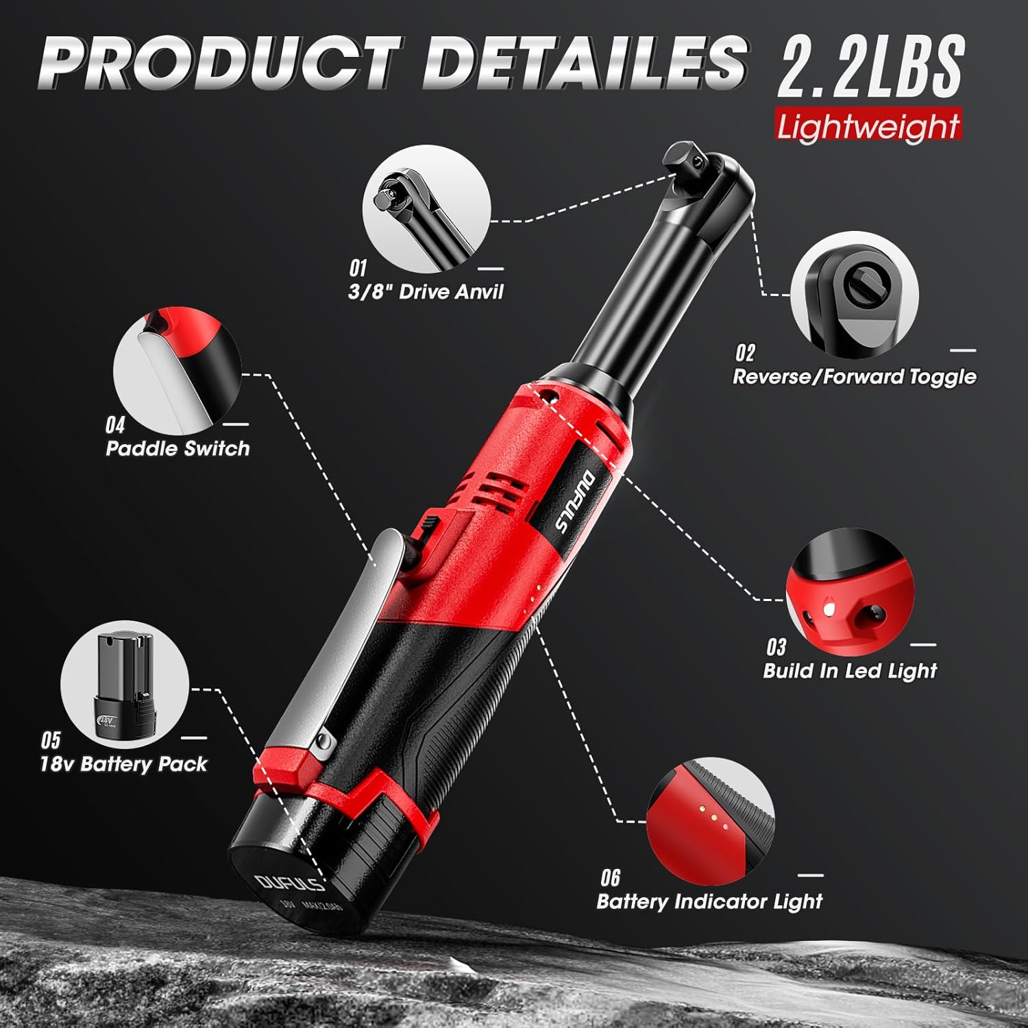 3/8 18V Cordless Ratchet Wrench, 550RPM, 40 Ft-Lbs, 4-Inch Electric Ratchet with 2x 2000mAh Batteries & Charger, Includes 8 Soc United States
3/8 18V Cordless Ratchet Wrench, 550RPM, 40 Ft-Lbs, 4-Inch Electric Ratchet with 2x 2000mAh Batteries & Charger, Includes 8 Soc United States