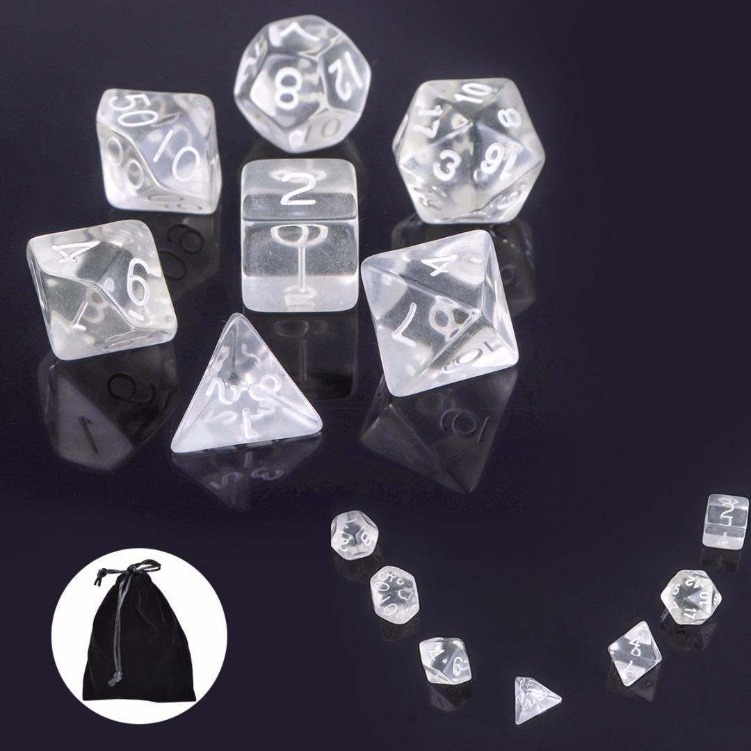 PDTO 1 комплект прозрачных белых многогранных кубиков для игр D&D RPG с тканевой сумкой
PDTO 1 комплект прозрачных белых многогранных кубиков для игр D&D RPG с тканевой сумкой