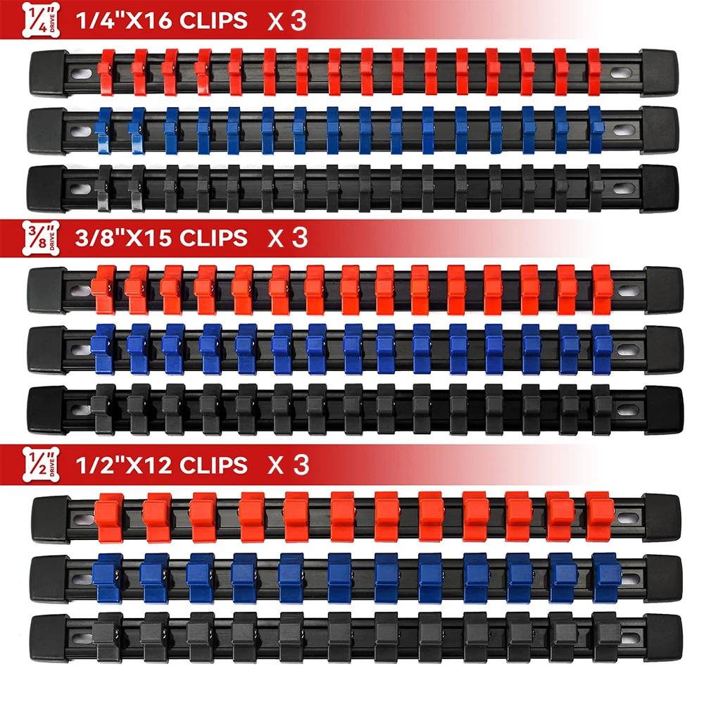 ABS Socket Organizer 1/2 inch 3/8 inch and 1/4 Clip Drive Socket Rail Holders Heavy Duty Socket Racks with Red Blue Black Clips
ABS Socket Organizer 1/2 inch 3/8 inch and 1/4 Clip Drive Socket Rail Holders Heavy Duty Socket Racks with Red Blue Black Clips